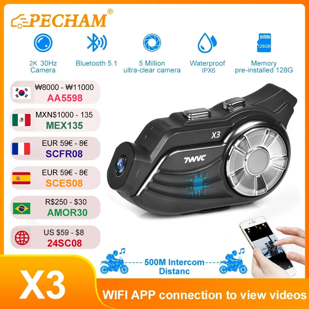 Мотоциклетная Беспроводная Bluetooth-гарнитура X3, 5,1 м, 4K