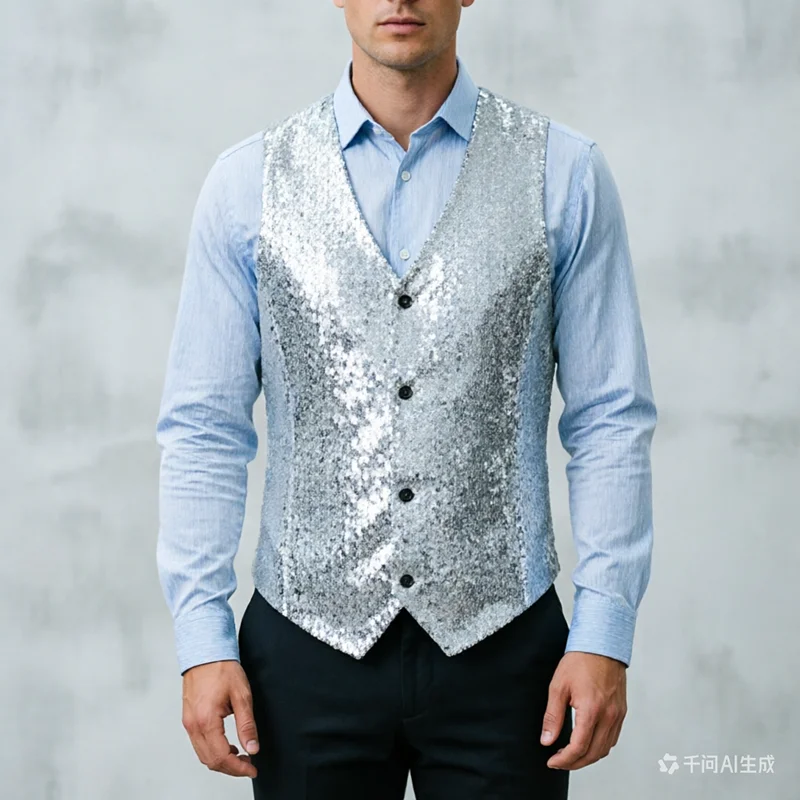 Silver Sequined Suit Vest Men Dance Party Luxurious Dress Tops, Singer, Pianist Stage Performance Waistcoats