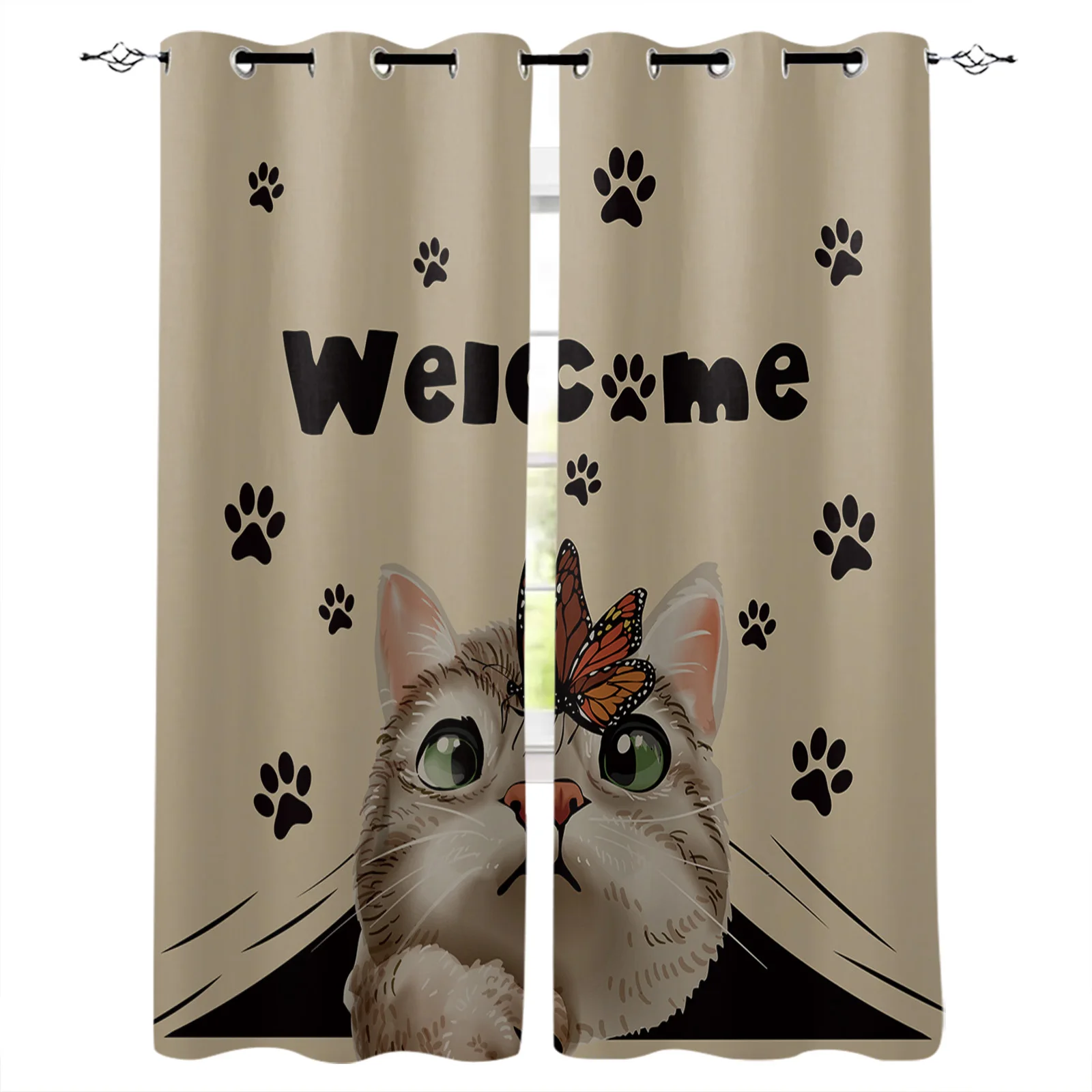 Cat Paw Retro Cute Welcome Curtains for Living Room Window Panels Bedroom Kitchen Drapes Home Decor Window Curtain