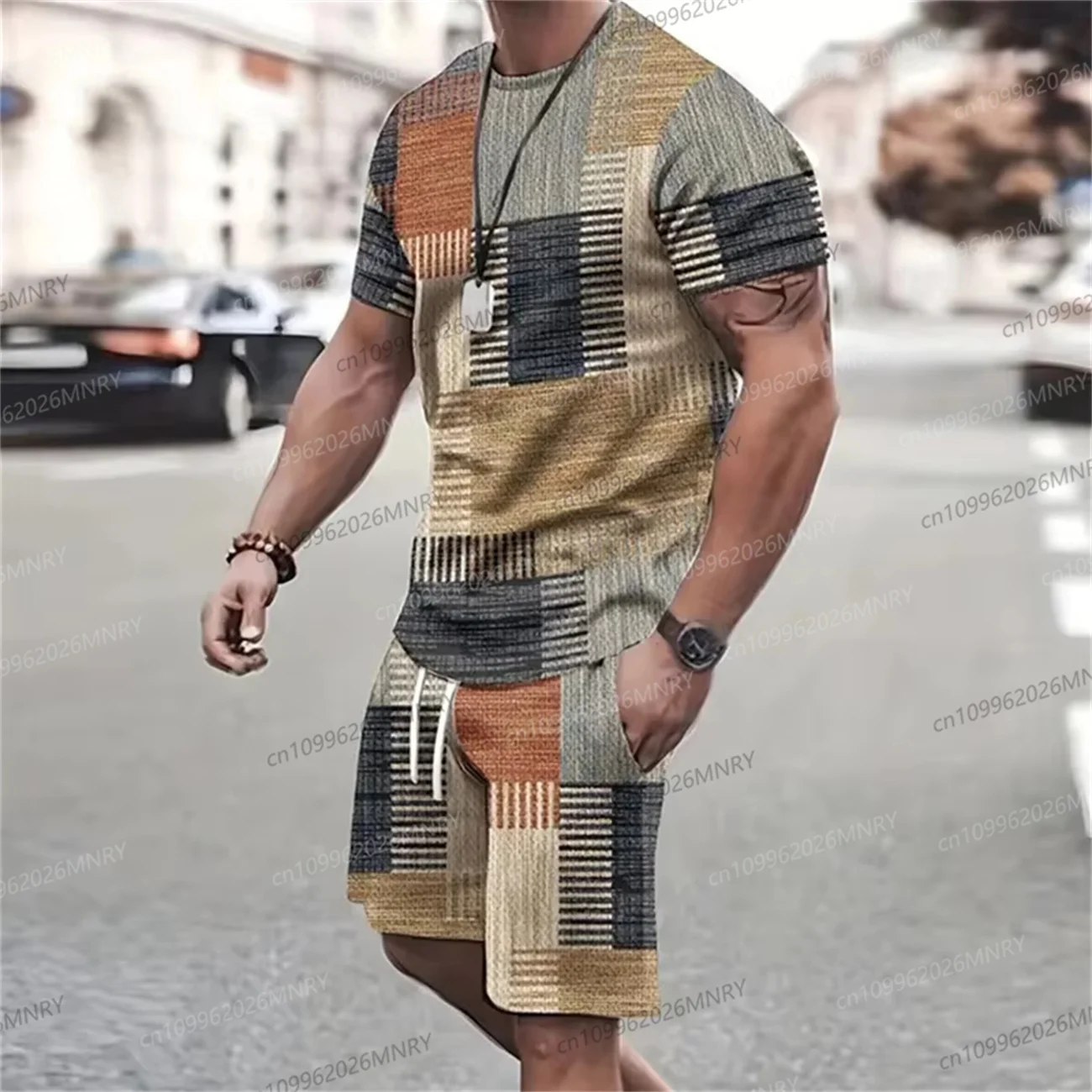 

Fashion Men's Sportswear Short Sleeve T Shirt And Sports Shorts Summer Casual Vintage Patchwork Suit Men's Two Piece Suit