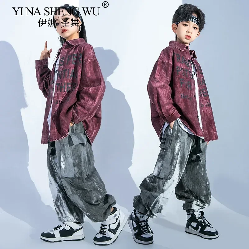 

Kids Hip Hop Dance Performance Costumes Streetwear Loose Casual Tracksuits Sets with Cargo Pants Shirt for Boys Girls Children