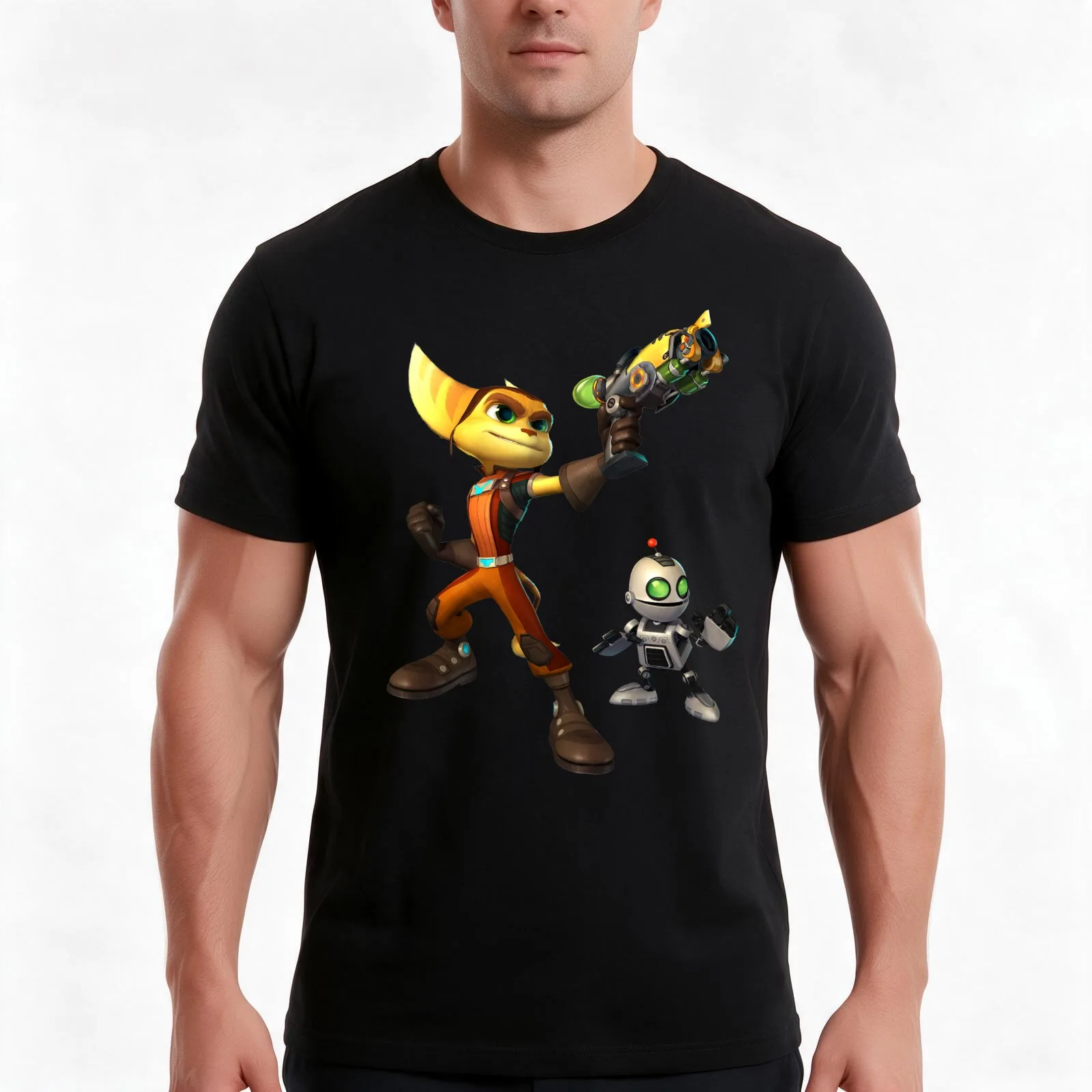 Ratchet and Clank T-Shirt, Summer Casual Cotton Tee, Oversized Streetwear Tops, Vintage Graphic Print, Loose Fit Short Sleeve