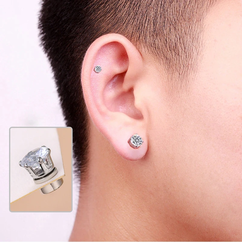 1piece Crystal Strong Magnetic Ear Stud Clip Earrings for Men and Women Punk Round Zircon Magnet Earrings Non Piercing Jewelry