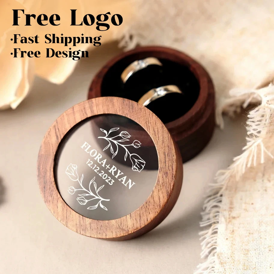 Bezpłatne niestandardowe logo Walunt Wood Ring Box Drewniane grawerowanie Propozycja ślubu Zaręczyny Okrągłe drewno Bezpłatne niestandardowe pudełko na pierścionek z imieniem i datą