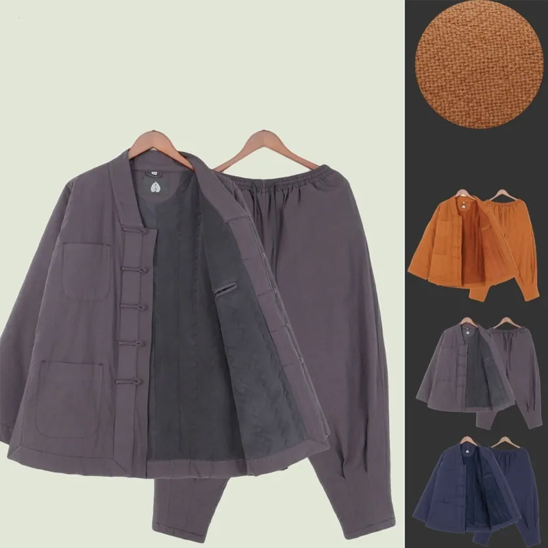Winter Buddhist Monk Robe Set, Thickened Cotton Linen Short Jacket Pants, Warm Fleece-Lined Casual Uniform For Men Women