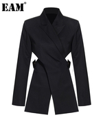 [EAM]  Women Black Cross Bandage Short Blazer New Lapel Long Sleeve Loose Fit  Jacket Fashion Tide Spring Autumn 2025 1T126