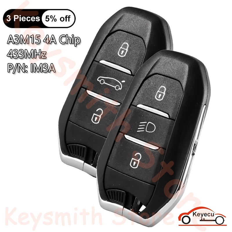 KEYECU 3 Buttons 433MHz 4A A3M15 Chip for Citroen for Peugeot for DS for Opel Auto Original Proximity Smart Remote Key Fob IM3A