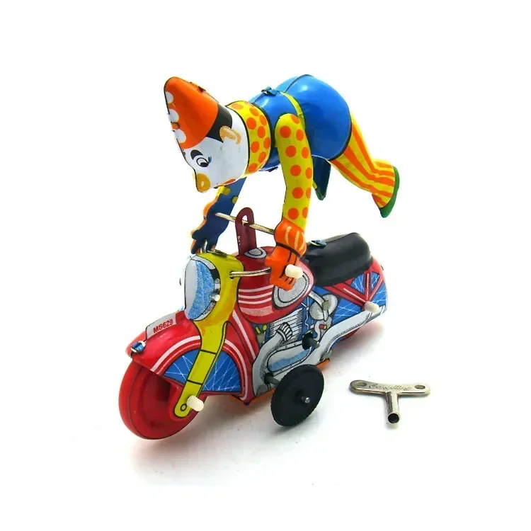 

[Funny] Adult Collection Retro Wind up toy Metal Tin clown on a moroncycle show acrobatics Clockwork toy figures vintage toy