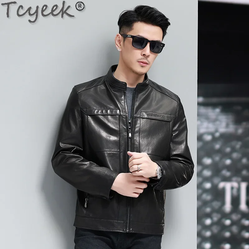 Tcyeek Genuine Leather Man Jackets Spring Autumn Cothes 100% Goatskin Coat Black Casual Mens Coats Stand Collar Куртка Мужская