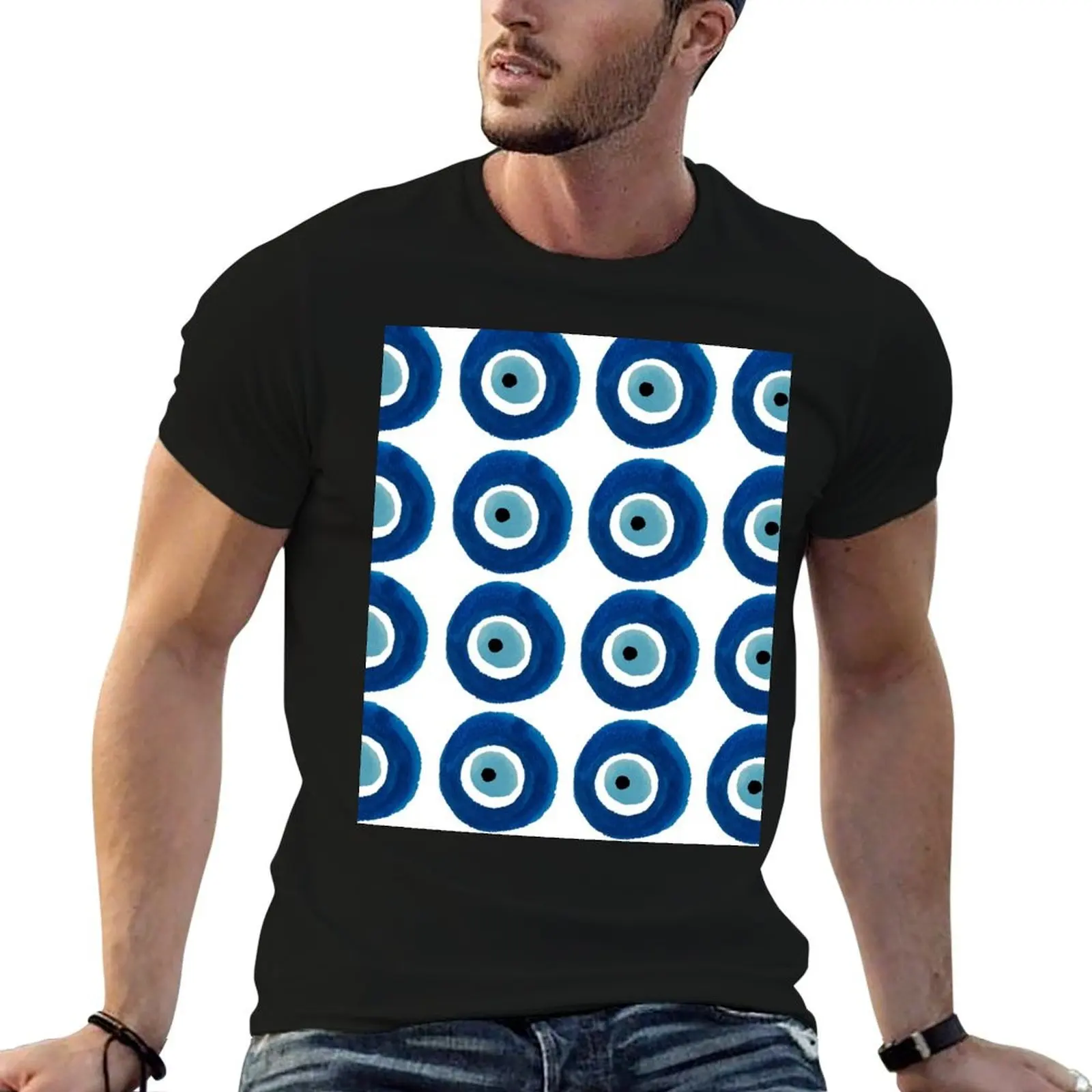 Watercolor Evil Eye Pattern (Nazar) Dark and Light Blue T-Shirt Fashion Print Casual Short Sleeve