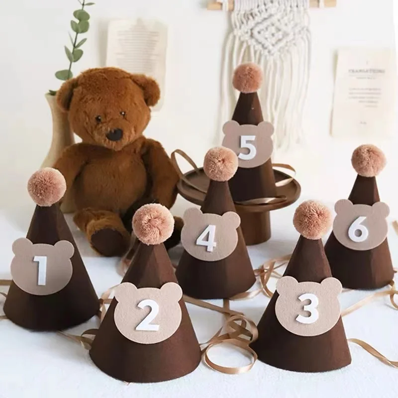 1-9years Bear Birthday Hat Bear Banner Pull Flag Retro Cream Balloon Baby Shower Children Happy Birthday Decor Party Supplies