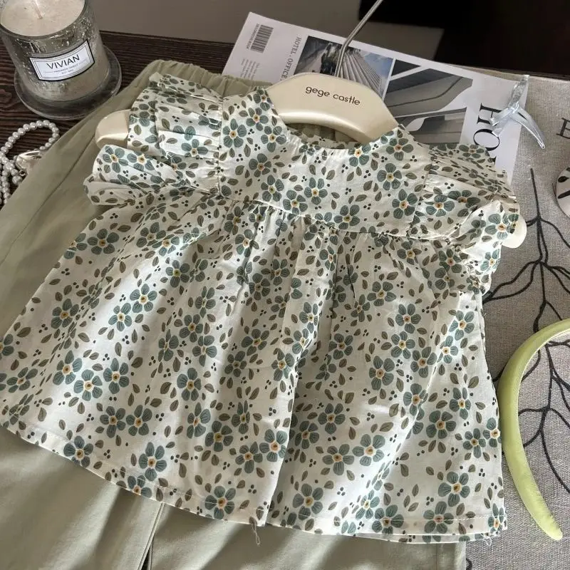Girls Summer Suit 2025 New Foreign Korean Version of Baby Girl Fashionable Summer Princess Style Floral Dress Two-piece Set