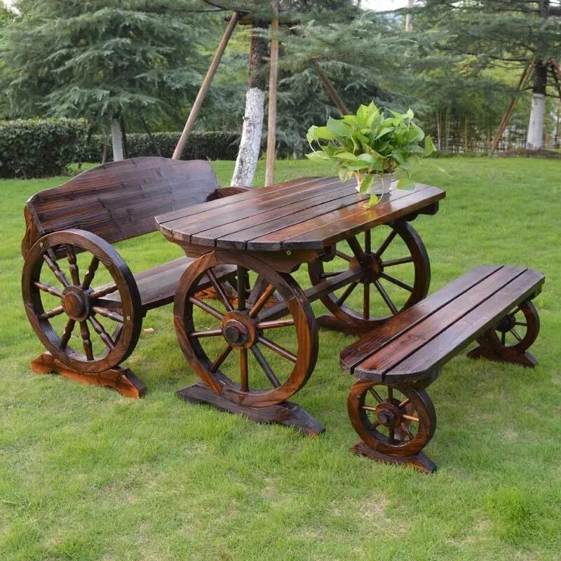 

Carbonized anti-corrosion solid wood table and chair kit outdoor courtyard leisure garden balcony open-air combination retro