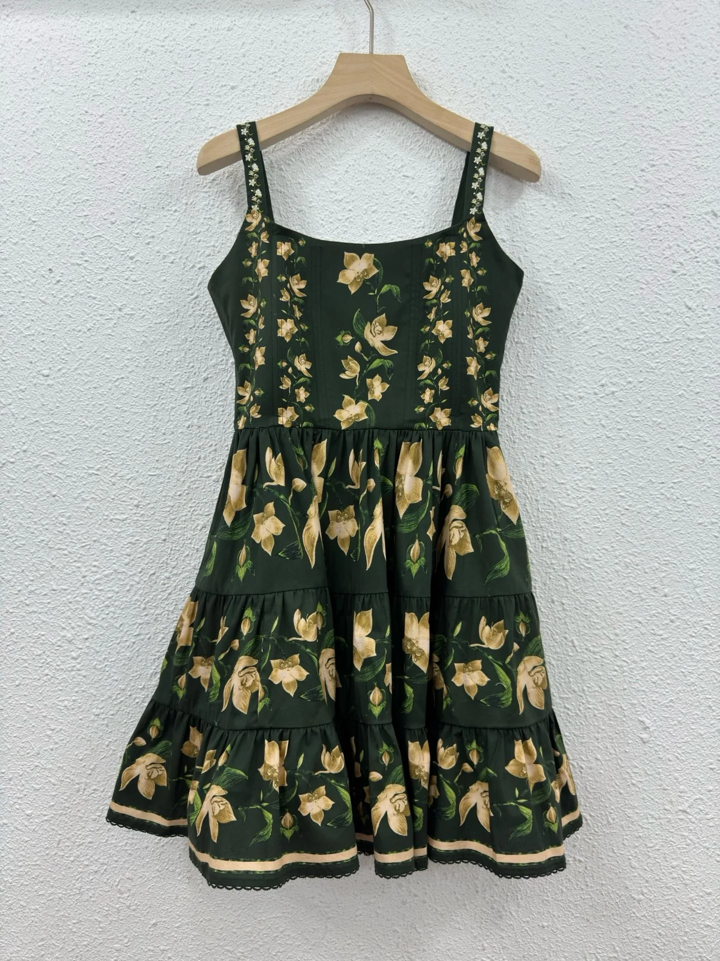 

Vintage Dark Green Lily Floral Printed Tiered Sundress Women Square Neck Sleeveless High Waist Ruffle Hem Short Dress Casual New