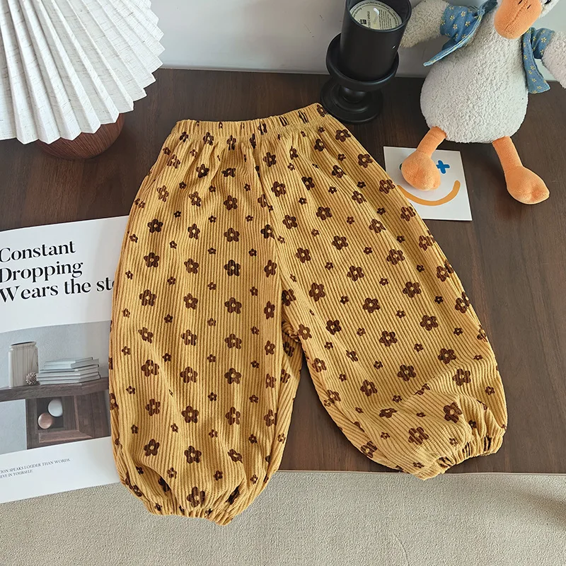 Baby Girls Pants Kids Full Printed Floral Pant Corduroy Trousers Spring Autumn Children's Clothing Korean Style