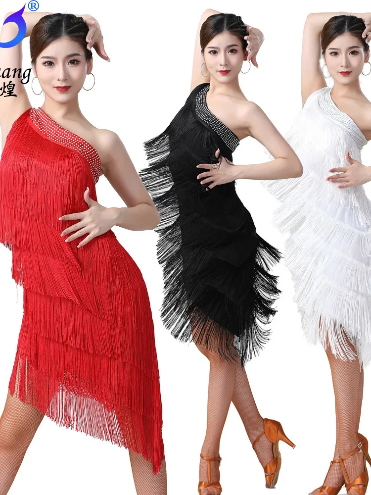 

Latin Dance Performance Costume Ballroom Dance Tassel Dress Belly Dance Chacha Stage Competition Dress Slant Shoulder Prom Dress