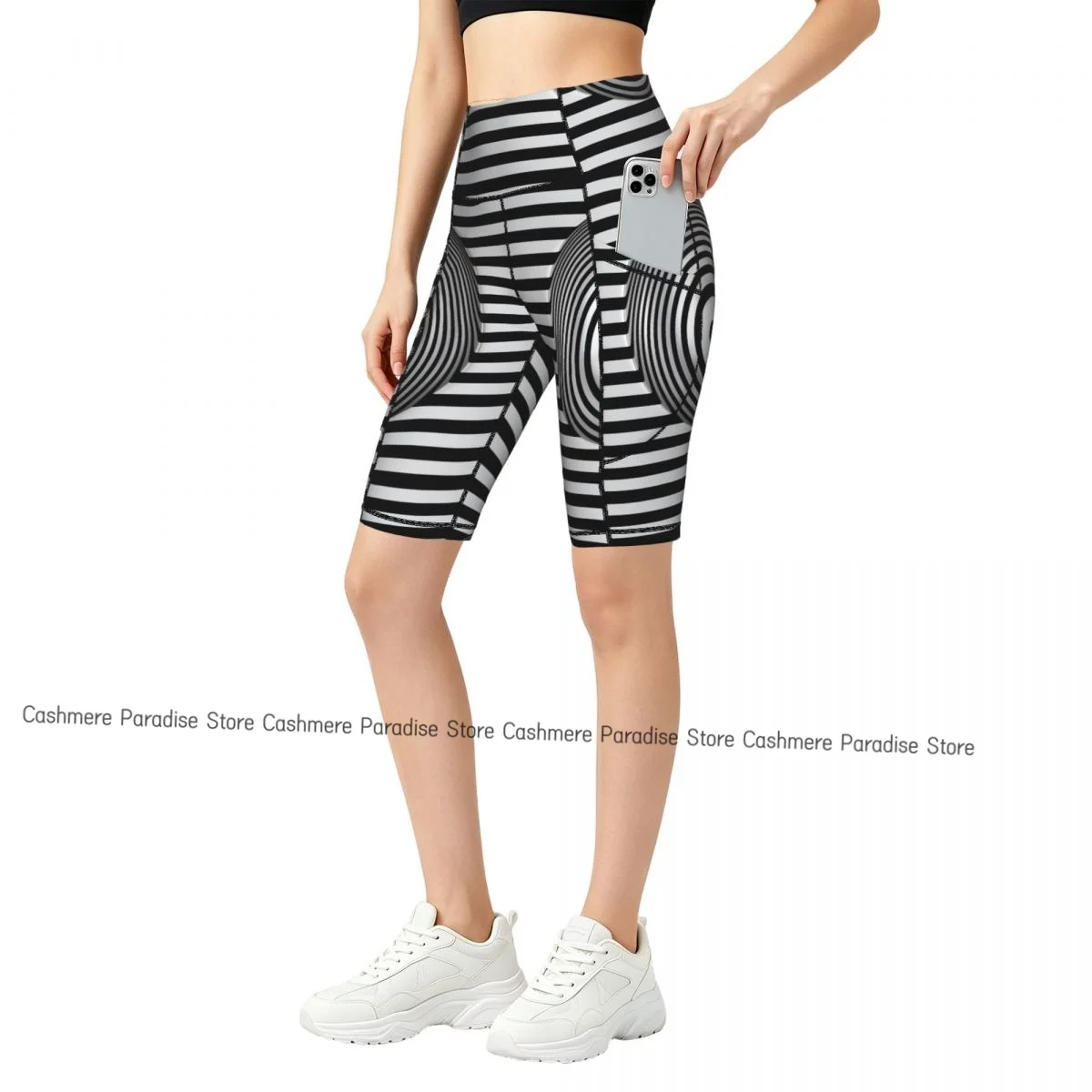 Women Pocket Sports Shorts Yoga Leggings Outdoor Wearling High Elastic Skinny Abstract   Black And White Shorts Running Cycling