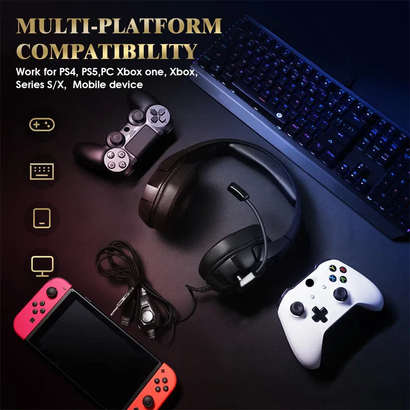 Kotion Each G3000 Gaming Headphone 3,5mm, fone de ouvido com luz RGB, microfone com cancelamento de ruído, som estéreo para PC, PS5, PS4