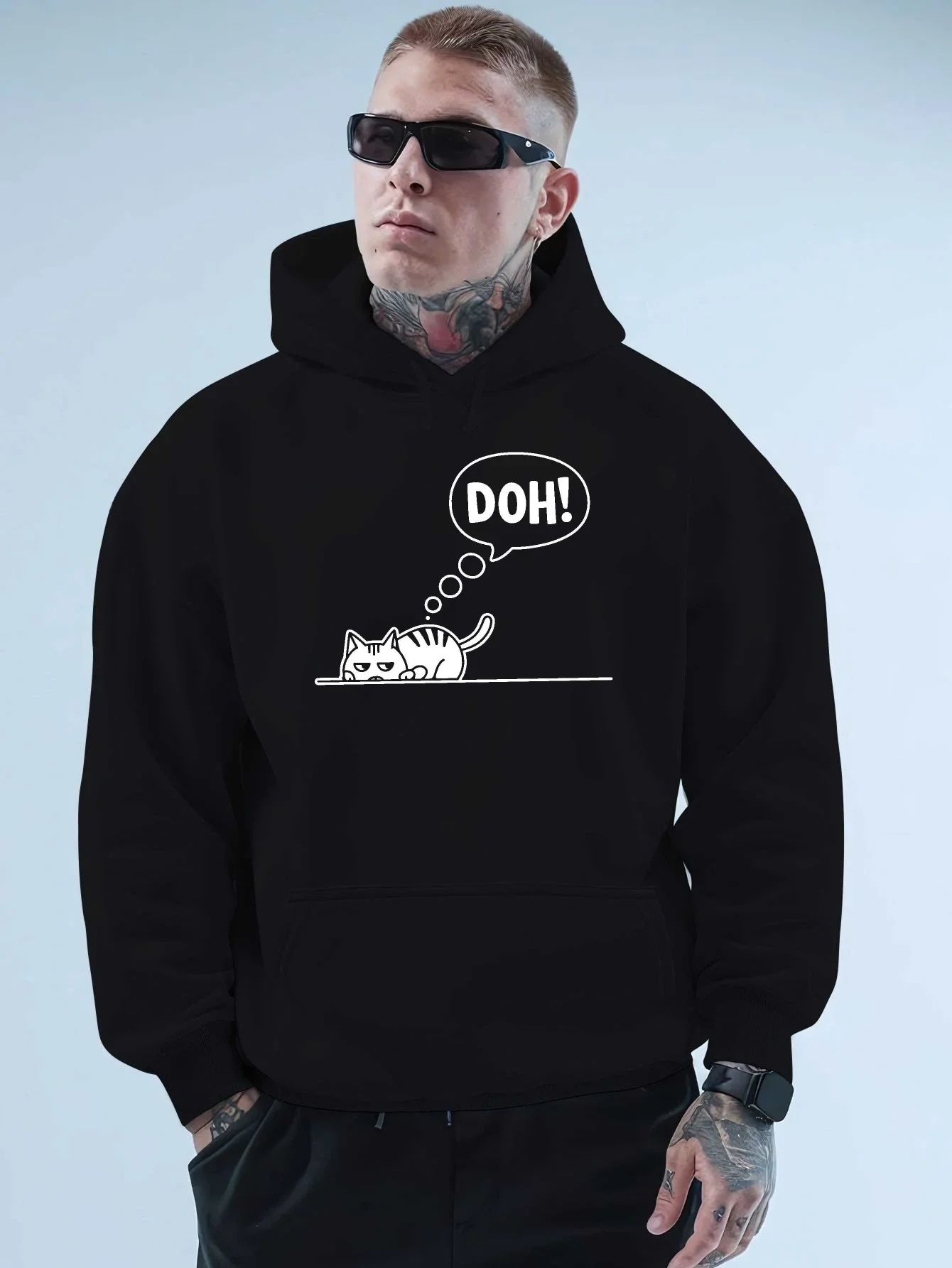 Men Hoodie Funny Lazy Black Cat DOH Slogan Thought Bubble Print Hooded Sweatshirt Casual Loose Streetwear Pullover