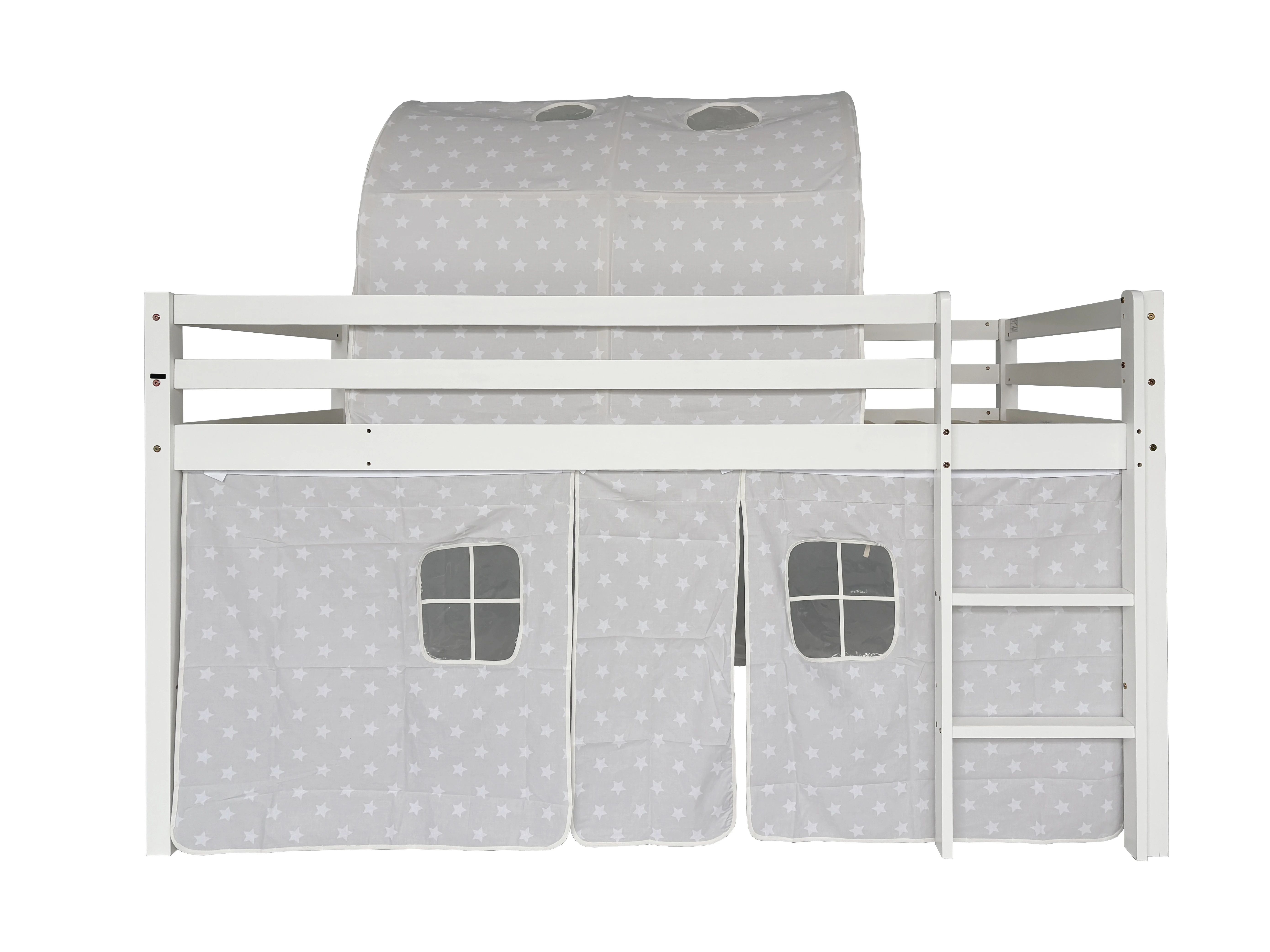Lit mezzanine pour enfants (sans matelas) 90x190 cm, en pin blanc avec tente en coton, lit de jeu avec garde-corps de protection et échelle