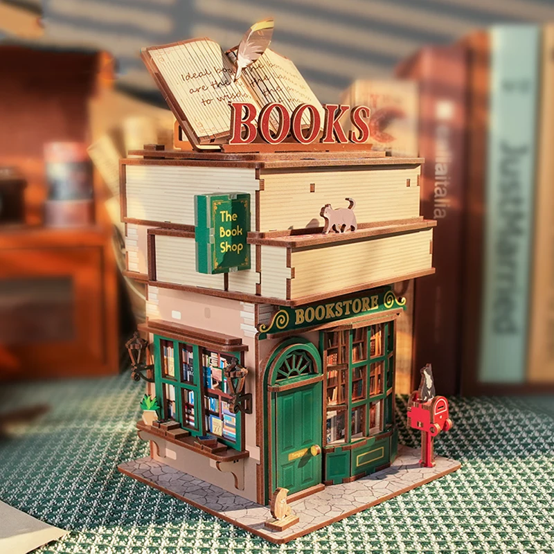 DIY Wooden Book Store Storage Box Model Building Kits City Street View 3D Puzzle Handmade Toys for Friends Gifts Desk Decoration