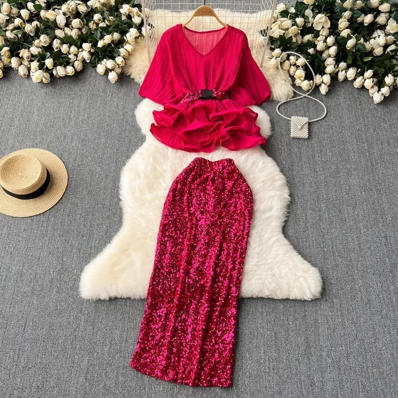 

Haute Couture Royal Sister Dress Set For Women, Light Mature Style, With A Cinched Waist, Ruffled Edges, Pleated Bubble Sleeves,
