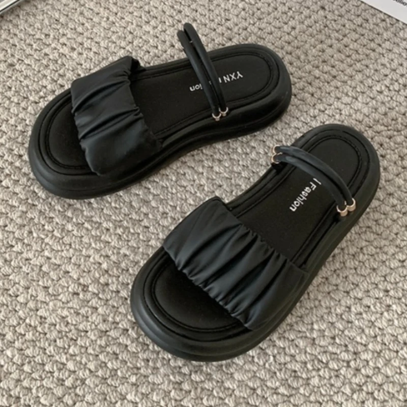 

Женские тапочки на плоской подошве и платформе, плиссированные модные новые сандалии, повседневная обувь, лето 2021, женские трендовые шлепанцы, пляжные шлепанцы, Zapatillas Mujer