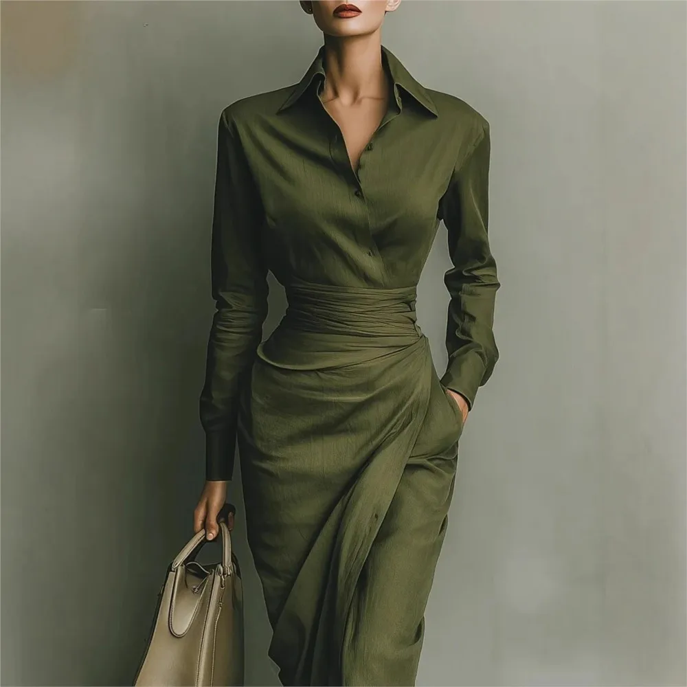 

Asymmetrical Long-sleeved Single-breasted Shirt Dress Spring Autumn New Women's Commuter Slim Long Dress Vestidos Para Mujer