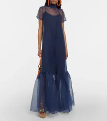 Customized Vintage Long Navy Blue Evening Dresses A-Line Spaghetti Straps Pleated Floor Length Robe De Soiree Formal Party Dress