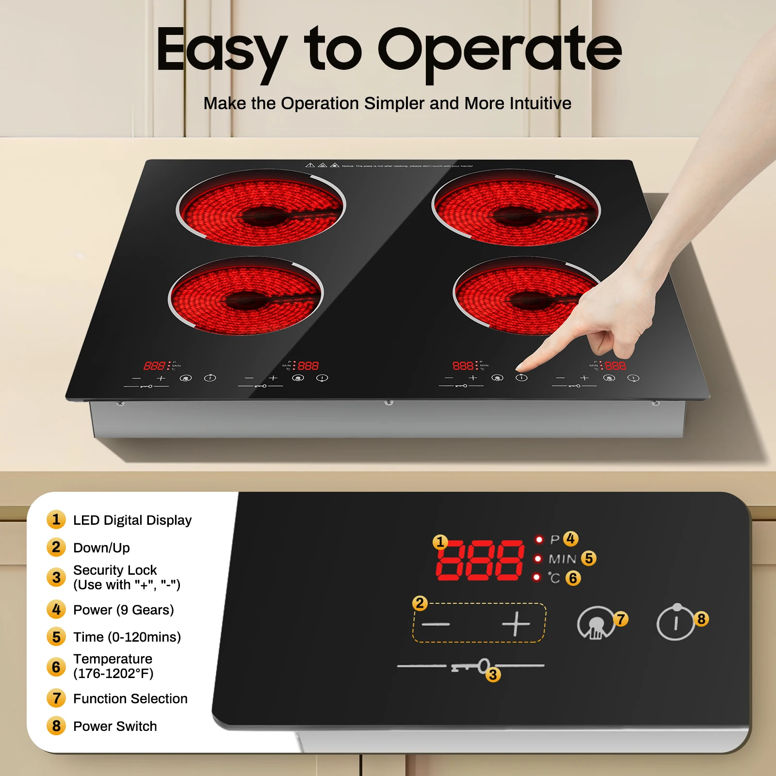 

Electric Cooktop Built-in Cooktop 3000W Electric Stove Top with 4 Electric Burners,9 Heating Level,Sensor Touch Control, 110V