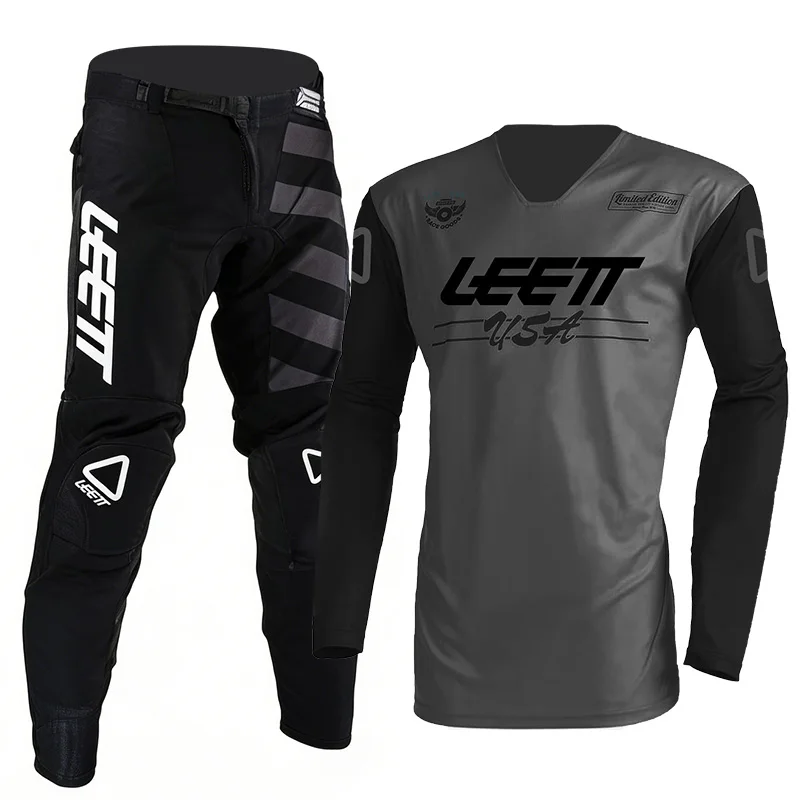 2026 leett motocross gear set adult man woman black Enduro Off-road Name and Number customization thick racing jersey and pants view 6