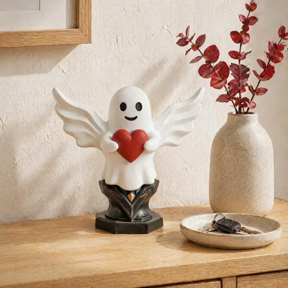 Themed Scenery Table Ornament Angel Ghost Statue with Heart Figurine Smiling Ghost Sculpture Cute Halloween Home Table Shelf