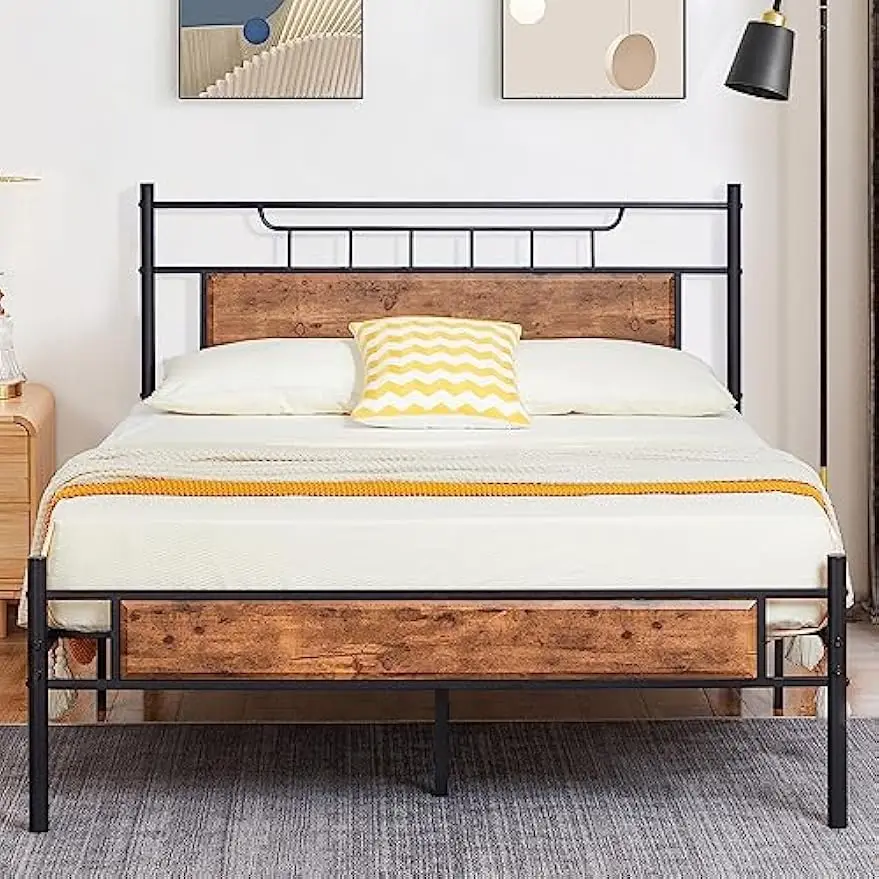 Wood Headboard Steel Slats Easy Assembly Brown Crown Platform Bed Frame - Full Size Mattress Foundation Support