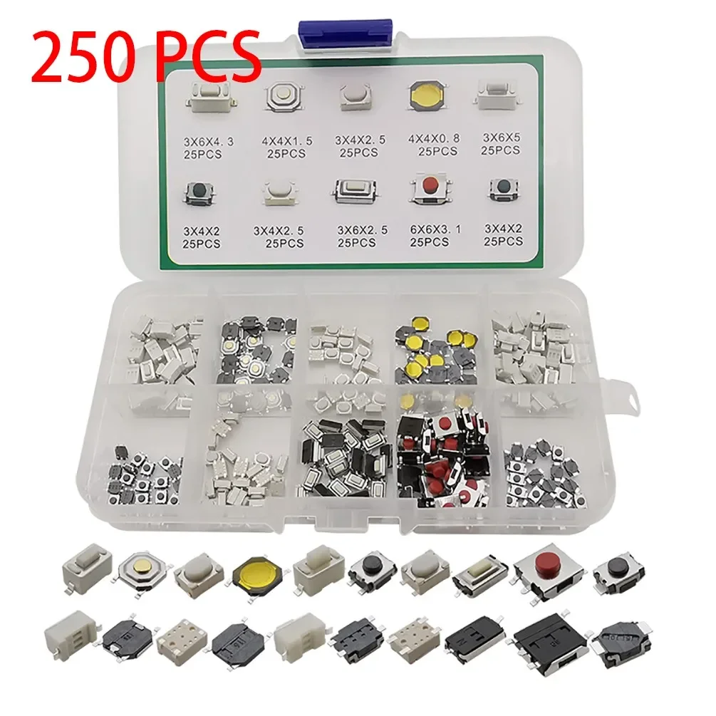 Switch Button Switch Home Industry Outdoor 10Value Kit 250 PCS With Plastic Box Accessories Parts Plastic+Metal