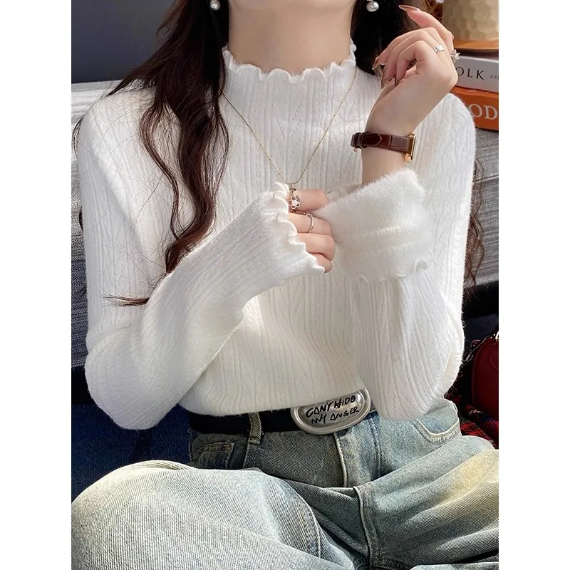 

Semi-turtleneck Solid Color Sweater Women's 2025 New Winter Plush Autumn and Winter Integrated Plush Knitted Bottoming Shirt Top