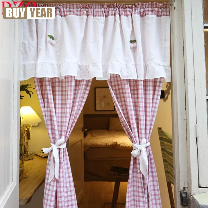 

South Korean Sweetly Pink Plaid Door Curtain For Kitchen Lace Double Layer Checkered Curtains Cloth For Living Room #A365