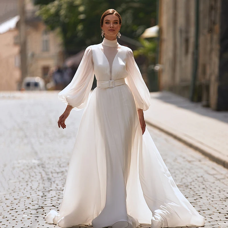 

Eightree White A-Line Wedding Dresses Puff Sleeve Floor Length Chiffon Wedding Gowns Boho Bridal Prom Dress bestidos de novia