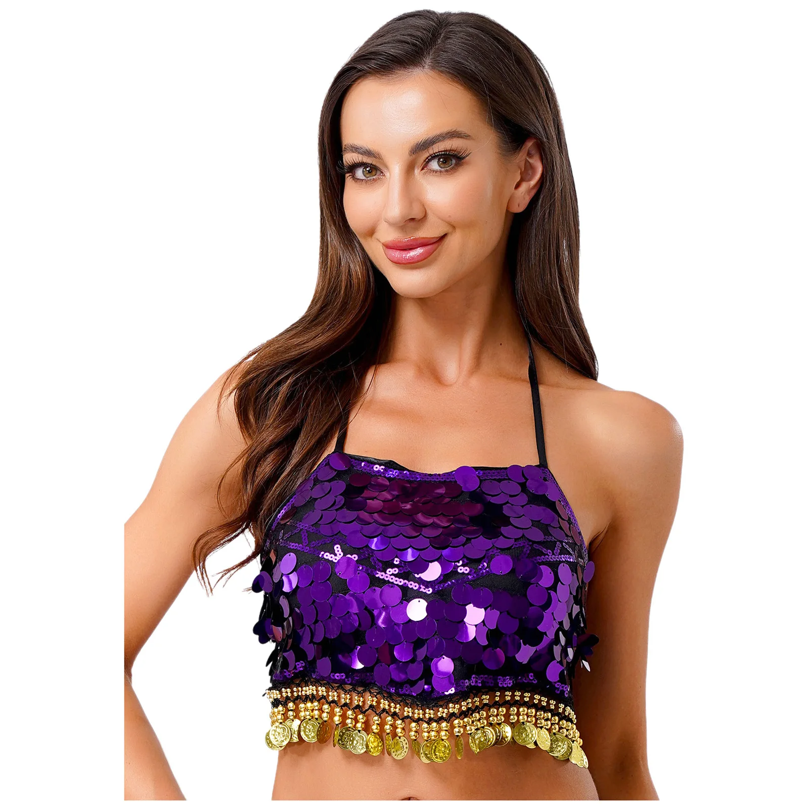 إمرأة ملابس رقص البطن الرسن عارية الذراعين سباركلي الترتر هامش الدانتيل متابعة الصدرية الأعلى غنائية الجمباز المحاصيل القمم ملابس الرقص الشرقي #3