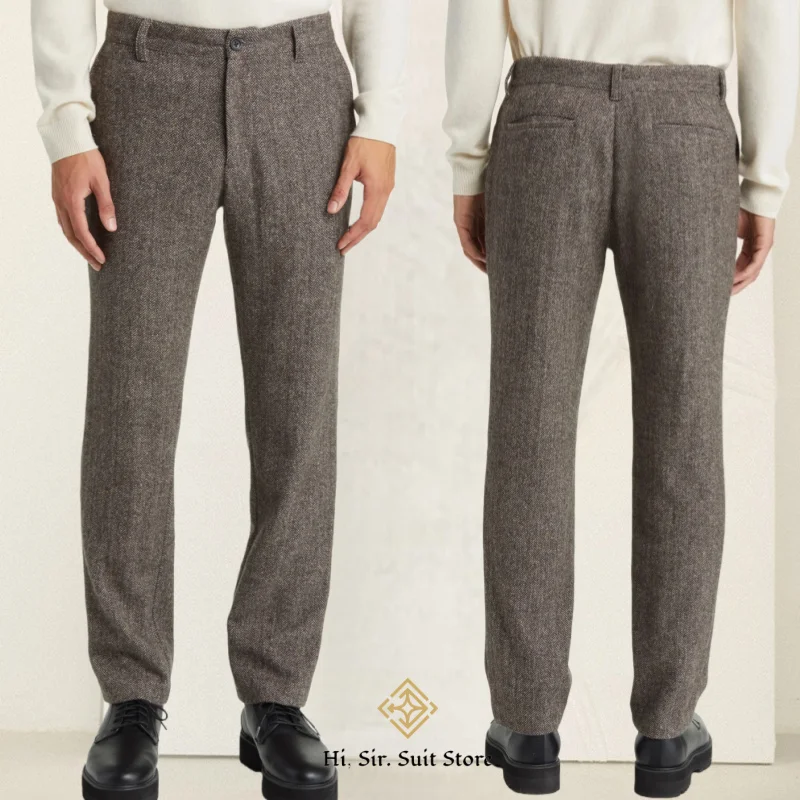 

New Men's Winter Retro Pant Men's Herringbone Trousers Straight Flat Front High Waist Tapered Leg Pants Vintage British Fashion