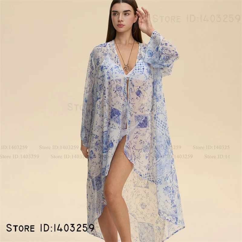 Szlafrok kimono z kwiatowym wzorem w stylu boho, szyfonowa koszula nocna, szlafrok kąpielowy, kardigan chroniący przed słońcem, seksowny szlafrok plażowy, narzutka na bikini.