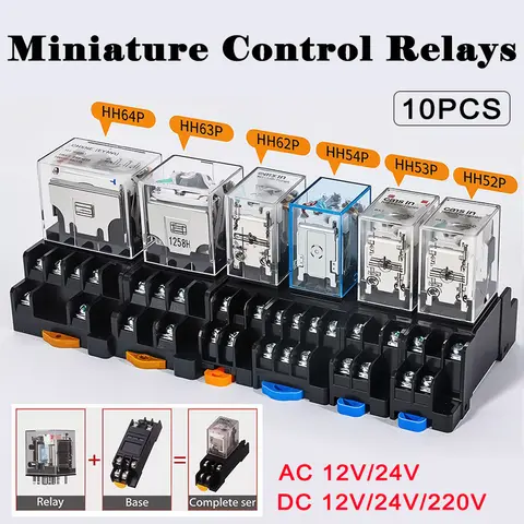 10pcs 도매 소형 제어 릴레이 AC 12V 220V DC 24V HH52P 53P 54P HH62P 63P 64P LED 코일 DPDT 마이크로 미니 전자기