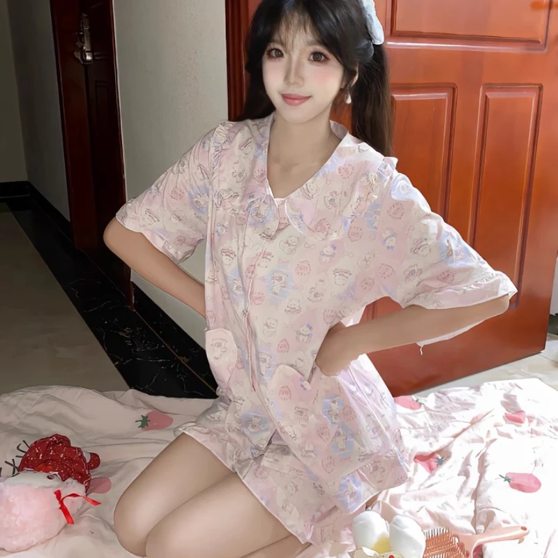 2025 Comfortable Homewear Japanese Ladies Sweet Cute Cartoon Printing Short-sleeved Fungus Pleated Doll Collar Pajamas Female