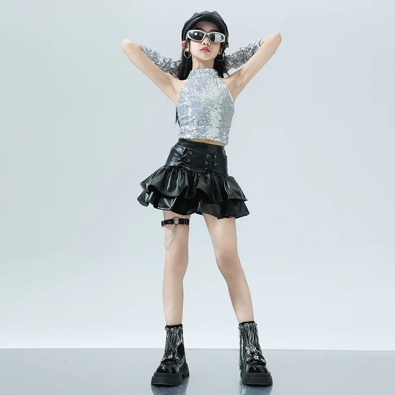 Mädchen K-Pop Silber Pailletten Top Leder Goth Röcke Kleidung Kinder Hip Hop Street Dance Kostüm Kinder Mädchen Gruppe Streetwear Sets