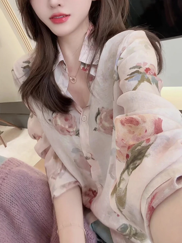 

Hong Kong Sle Floral Print Long Sve irt Women's Ele Spring Summer White Slimming Top Faionable Versatile Blouse