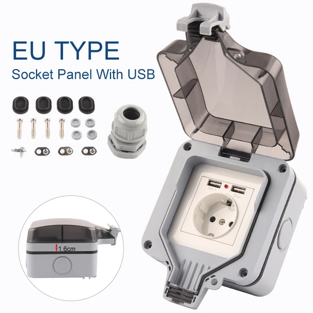 

IP66 EU Standard German Style Outdoor Waterproof with USB Socket Wall Power Switch Socket Plug Outlet AC 250V 16A Home