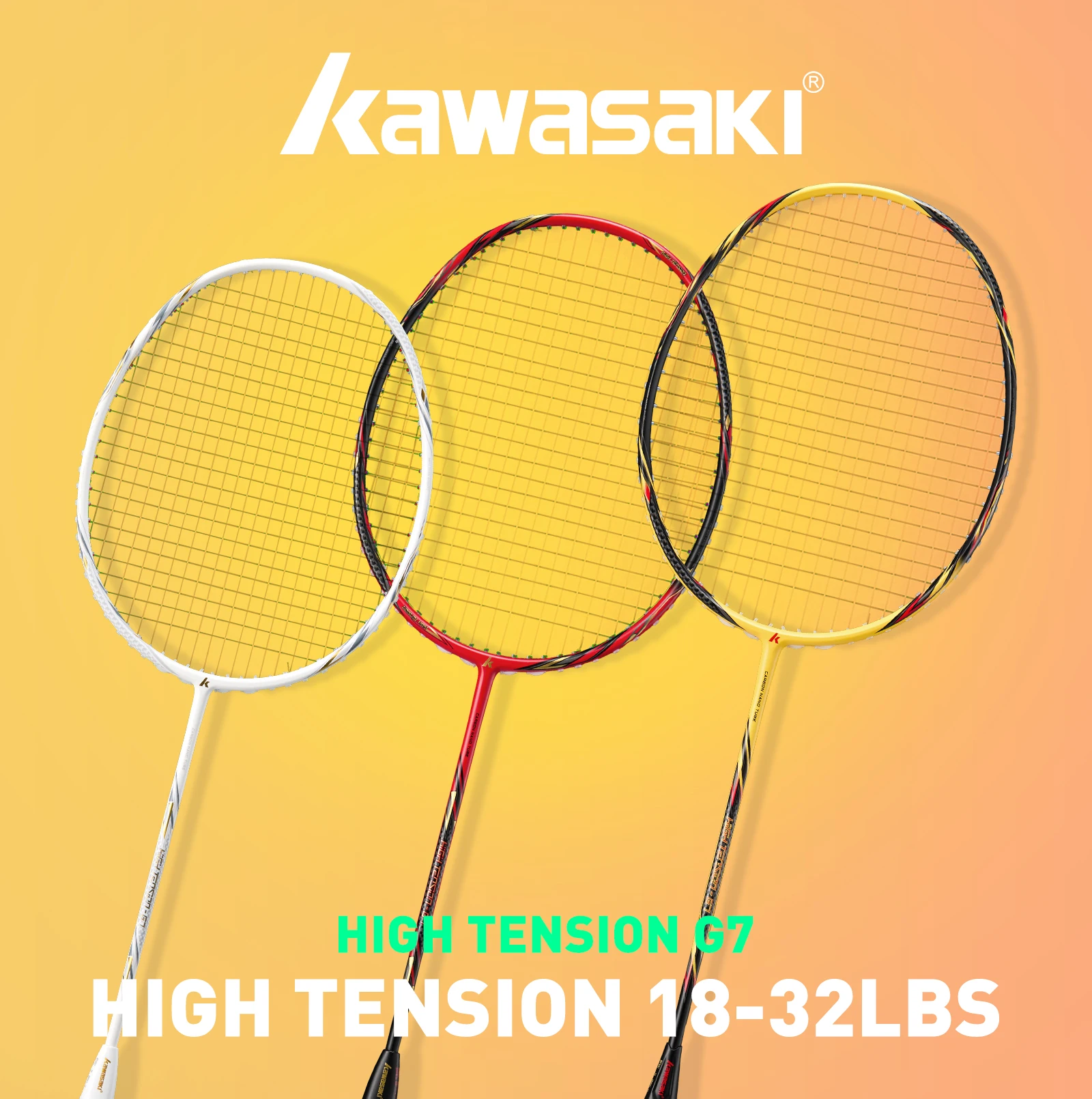 Raqueta de bádminton Kawasaki G7 de alta tensión de fibra de carbono completa 5U 78 ± 2g cabeza raqueta de ataque pesado bádminton + 2 uds empuñaduras + cubierta