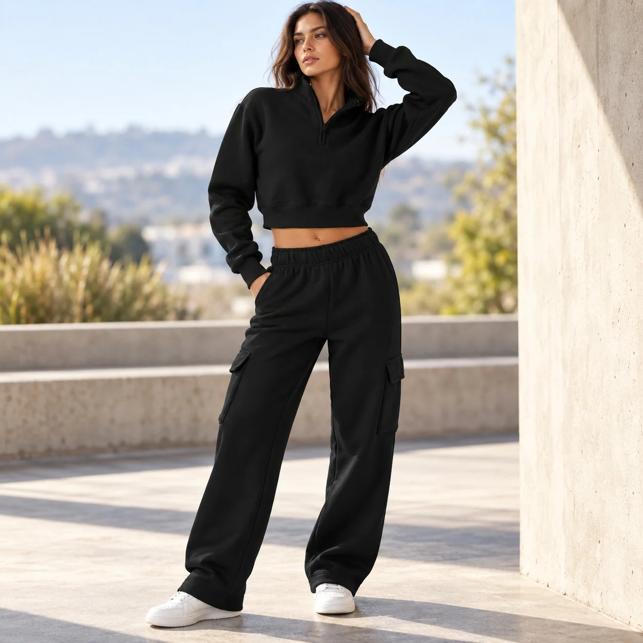 Stand Collar Zipper Set with Full Length Sporty Crop Top Drop Shoulder Pocket Women Winter Set Long Sleeve Autumn Spring