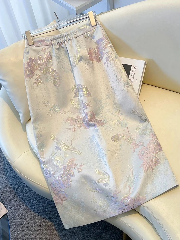 2024 new chinese retro style elegant slimming half skirt women daily casual front slit elastic embroidery satin half skirt b125