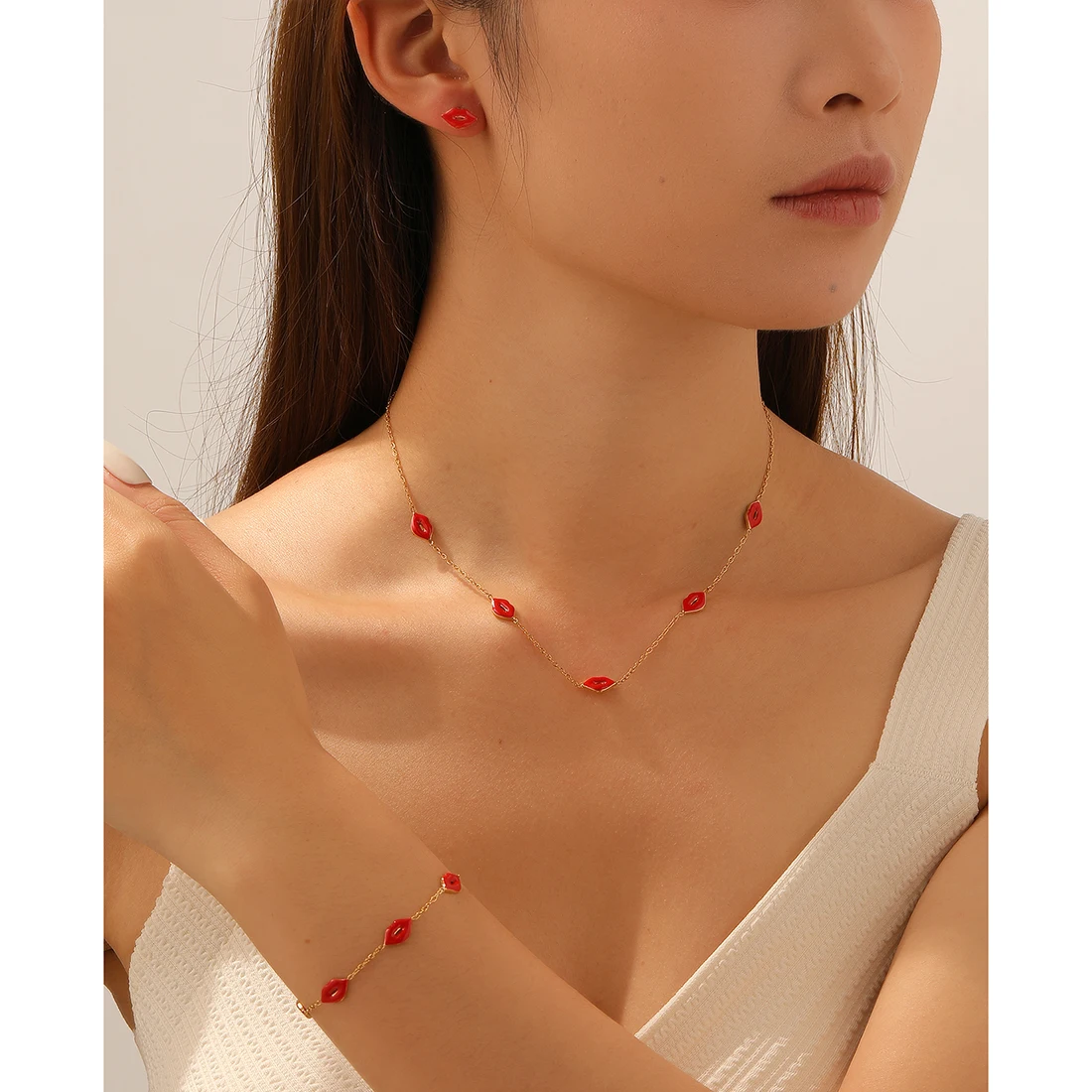 LAMENGLY 316L Stainless Steel Enamel Coloring Multi Red Lips Series Necklace Bracelet Earrings Set Lady Sexy Romantic Jewelry
