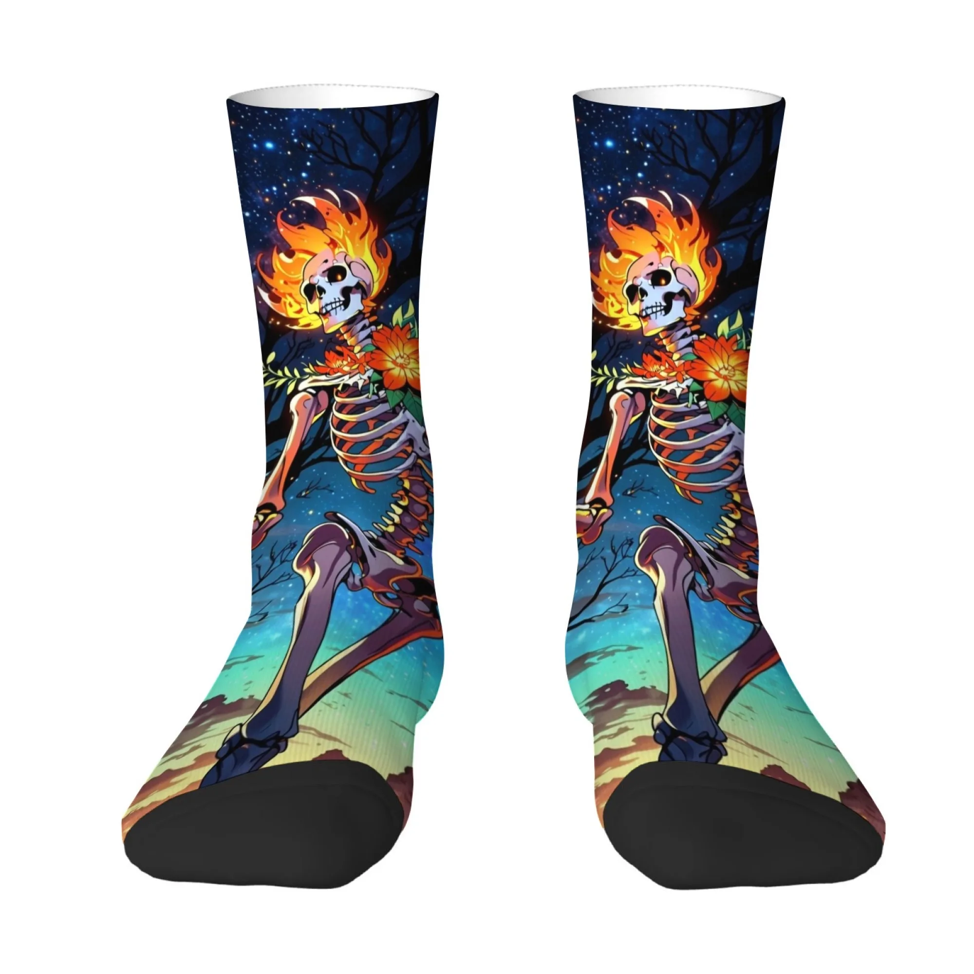 Fun Flame Skull Print Men's Socks Comfortable Breathable Soft Socks Street Hip Hop Quirky and Novel Harajuku Style Socks